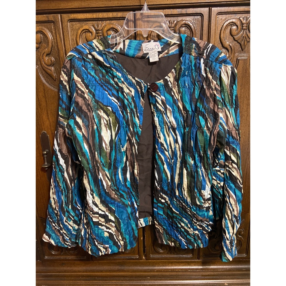 Emma G Women Blue Brown Abstract Wave Print Smocked Cotton Jacket Size S